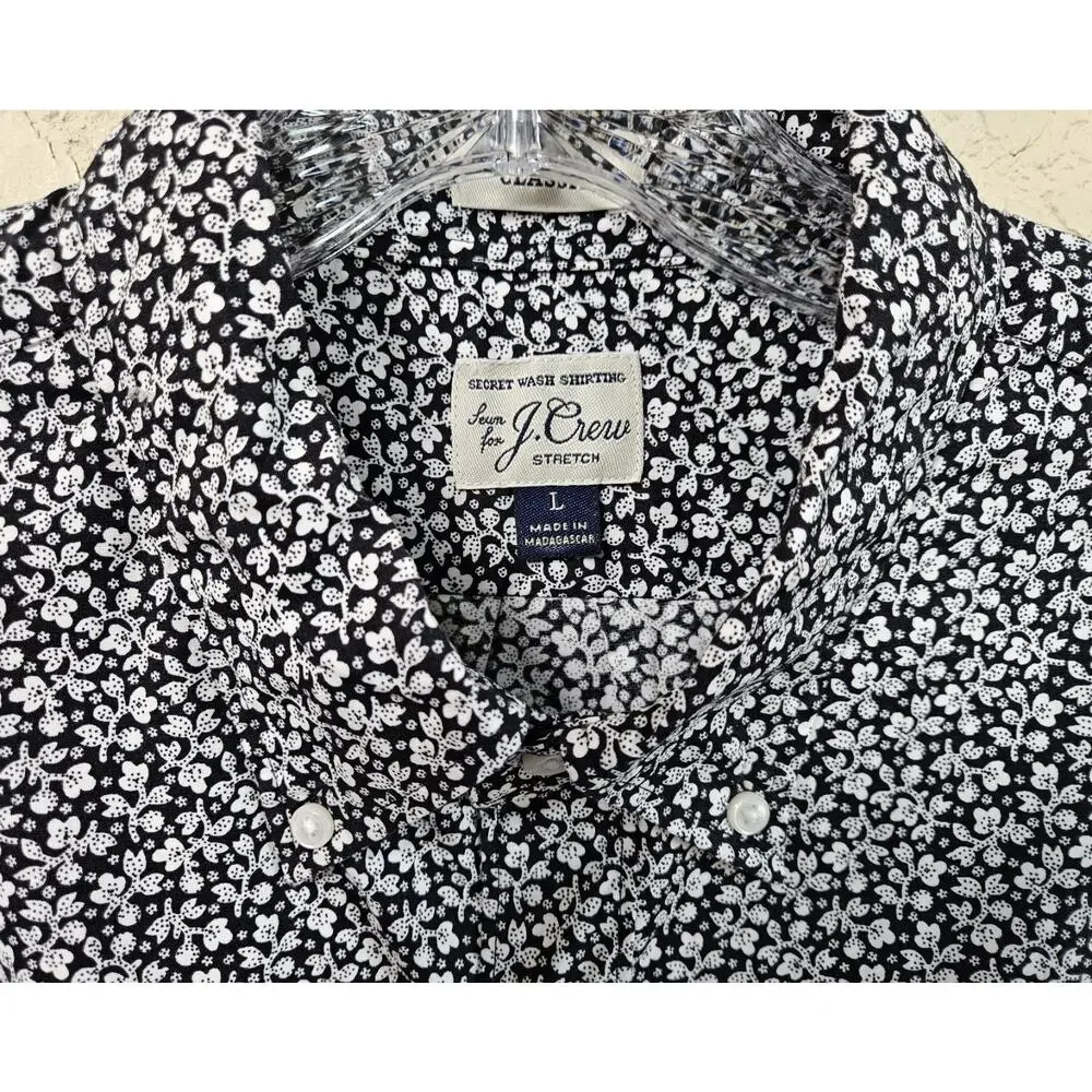 J CREW Men L Shirt Buttondown Classic Fit Floral Black White Long Slv Preppy 46
